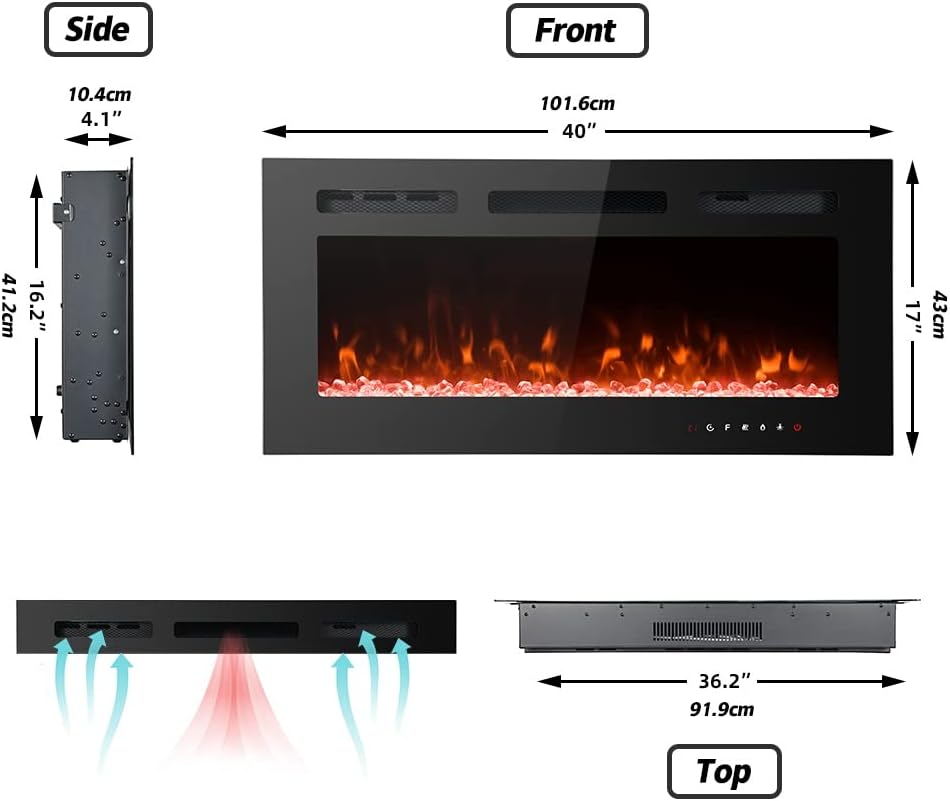 M.C.Haus Ultra-Thin Electric Fireplace Low Noise, 12 Variable & Breath Colors Flame, Recessed Wall Mounted Free Standing, Touch Screen & Remote Control, Crystal & Log Set(102cm/40inch)