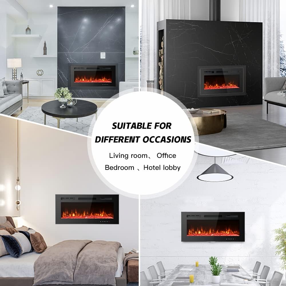 M.C.Haus Ultra-Thin Electric Fireplace Low Noise, 12 Variable & Breath Colors Flame, Recessed Wall Mounted Free Standing, Touch Screen & Remote Control, Crystal & Log Set(102cm/40inch)