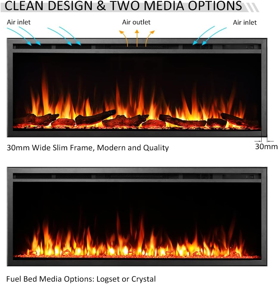 FLAMME 40"/102cm Castello Slim Frame Recessed Media Wall Inset Electric Fireplace with Multi Flame Colours 750W/1500W