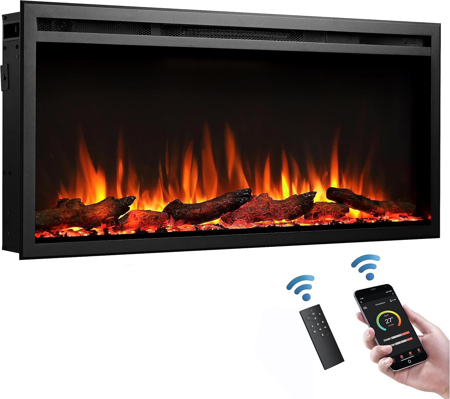 FLAMME 40"/102cm Castello Slim Frame Recessed Media Wall Inset Electric Fireplace with Multi Flame Colours 750W/1500W