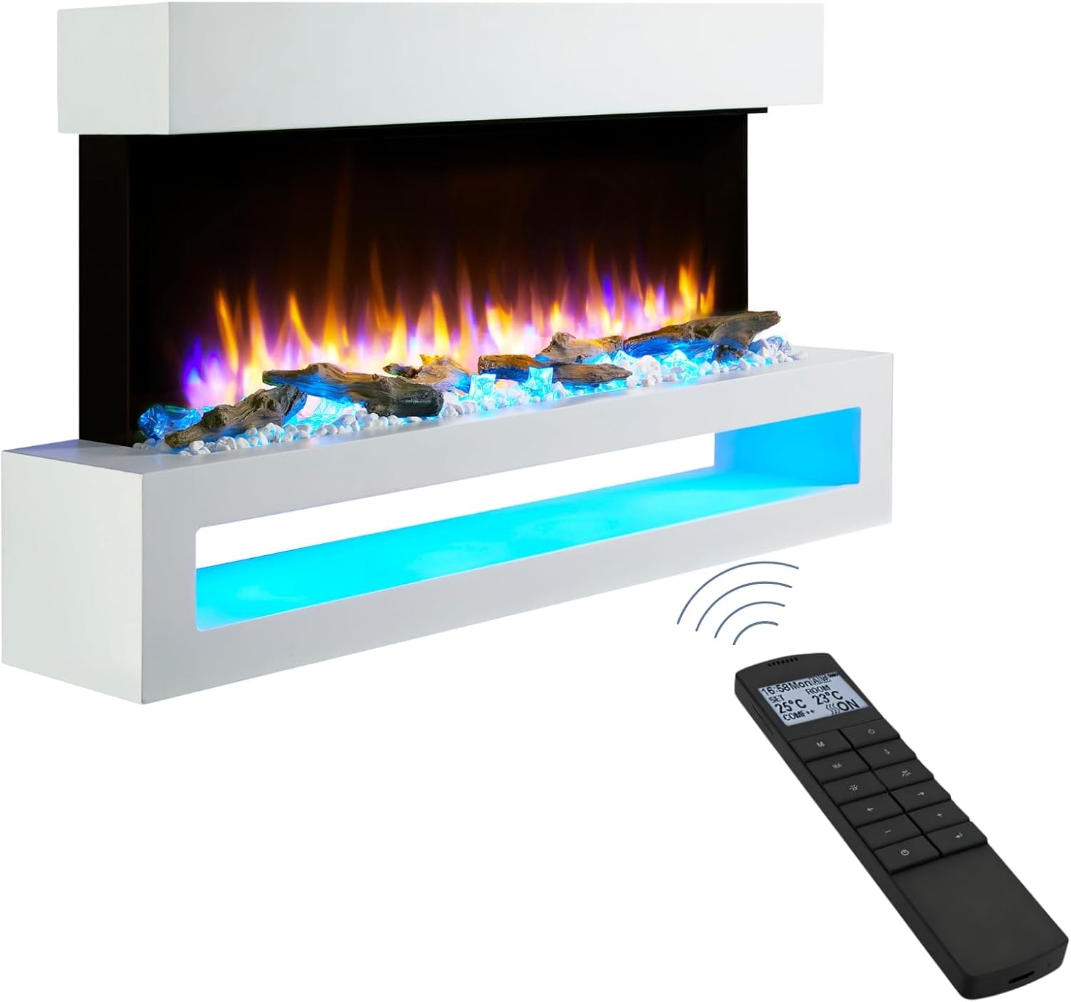 Endeavour Fires Fenwick Wall Mounted Electric Fireplace 110cm/43” 1&2kW, 7 day Programmable Remote Control Fire with an off White Surroud