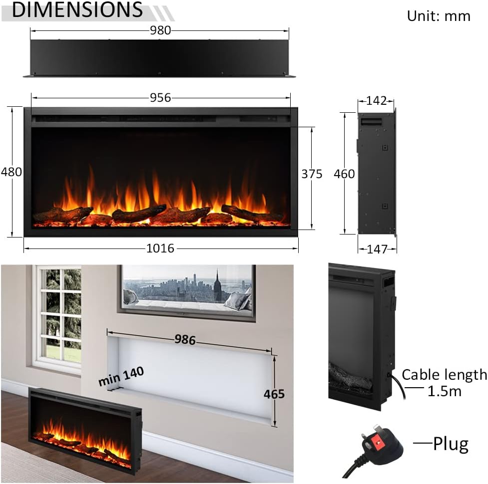 FLAMME 40"/102cm Castello Slim Frame Recessed Media Wall Inset Electric Fireplace with Multi Flame Colours 750W/1500W