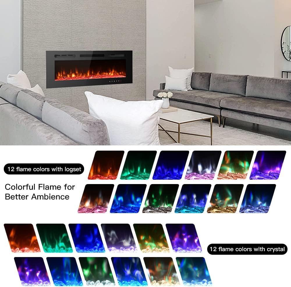 M.C.Haus Ultra-Thin Electric Fireplace Low Noise, 12 Variable & Breath Colors Flame, Recessed Wall Mounted Free Standing, Touch Screen & Remote Control, Crystal & Log Set(102cm/40inch)
