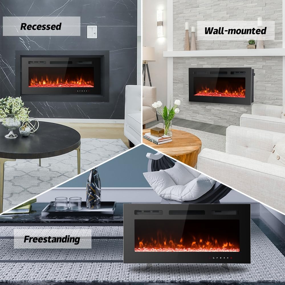 M.C.Haus Ultra-Thin Electric Fireplace Low Noise, 12 Variable & Breath Colors Flame, Recessed Wall Mounted Free Standing, Touch Screen & Remote Control, Crystal & Log Set(102cm/40inch)