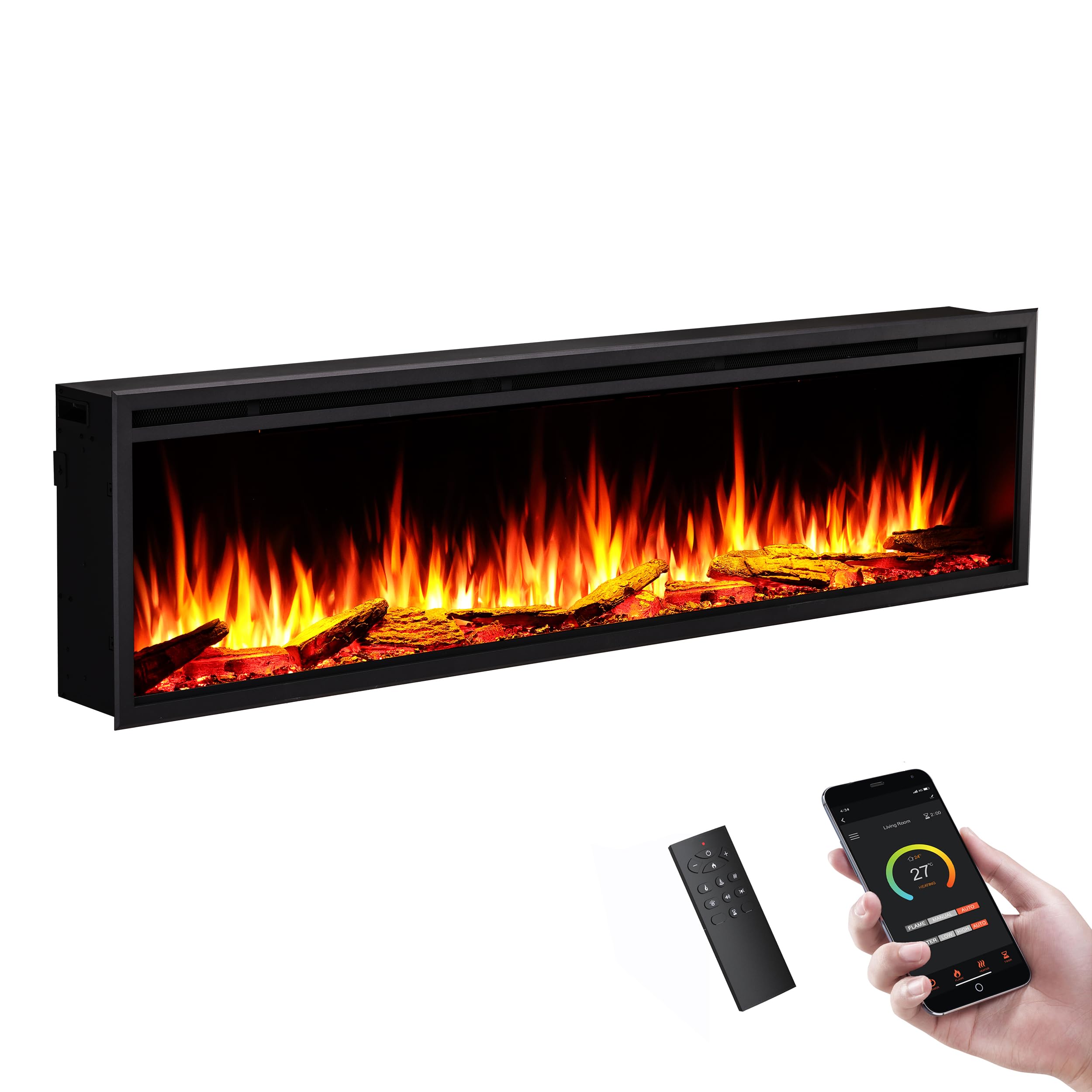 FLAMME 40"/102cm Castello Slim Frame Recessed Media Wall Inset Electric Fireplace with Multi Flame Colours 750W/1500W