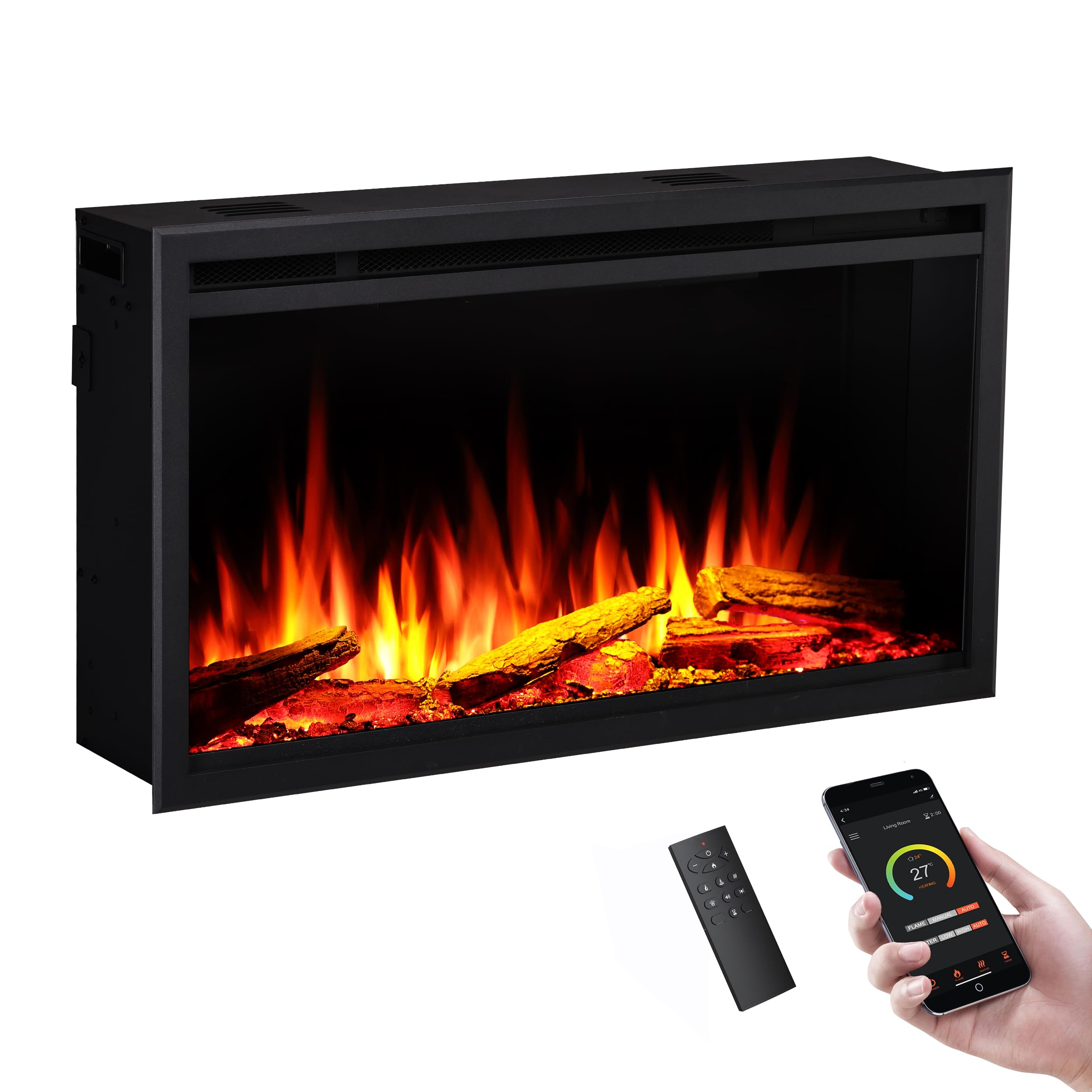FLAMME 40"/102cm Castello Slim Frame Recessed Media Wall Inset Electric Fireplace with Multi Flame Colours 750W/1500W