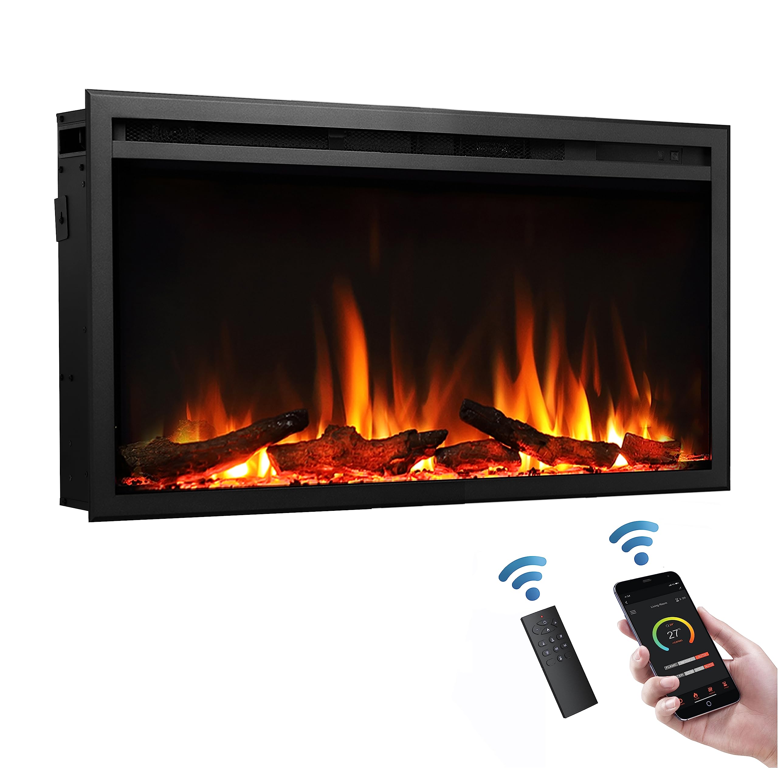FLAMME 40"/102cm Castello Slim Frame Recessed Media Wall Inset Electric Fireplace with Multi Flame Colours 750W/1500W