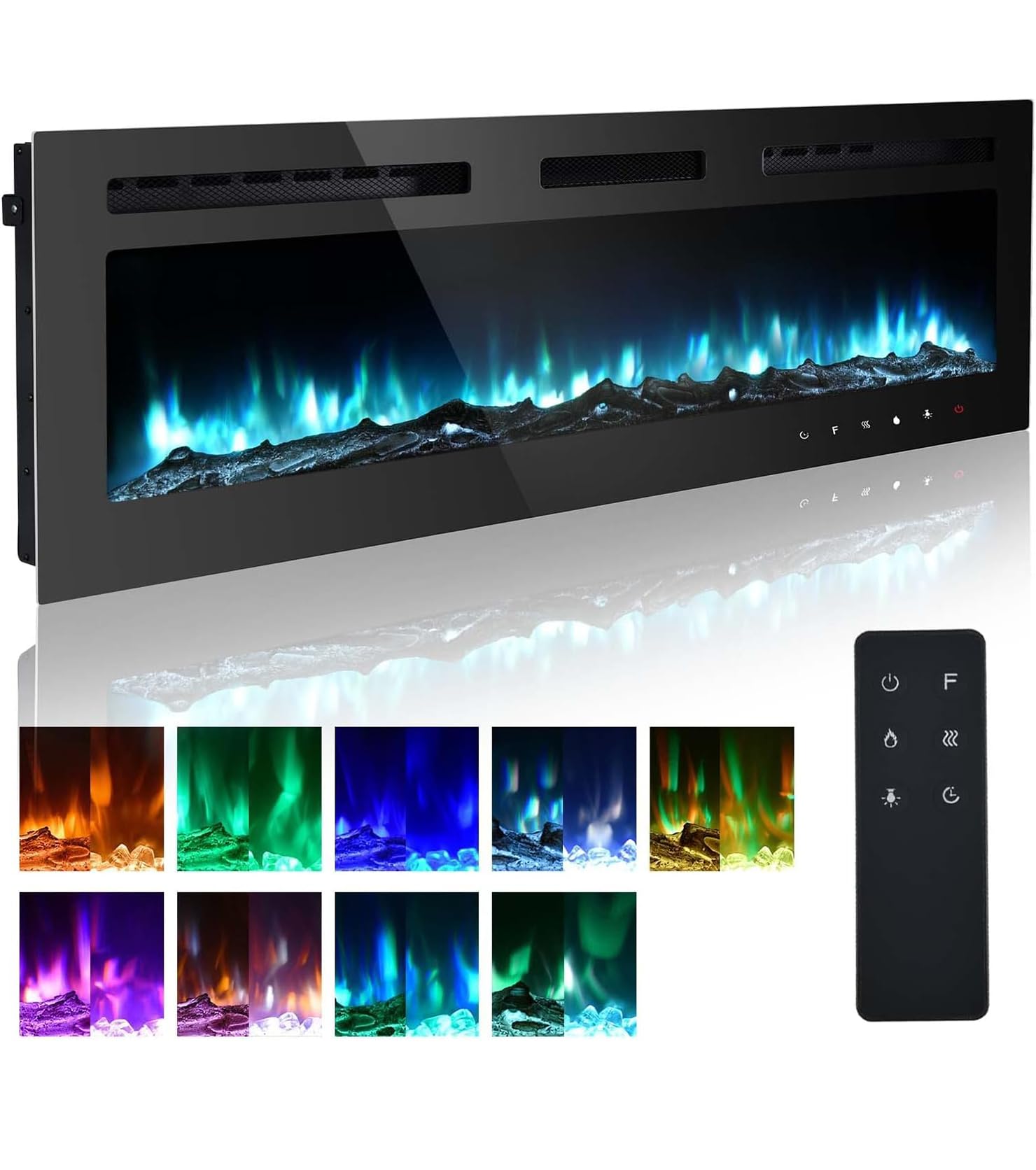 M.C.Haus Ultra-Thin Electric Fireplace Low Noise, 12 Variable & Breath Colors Flame, Recessed Wall Mounted Free Standing, Touch Screen & Remote Control, Crystal & Log Set(102cm/40inch)