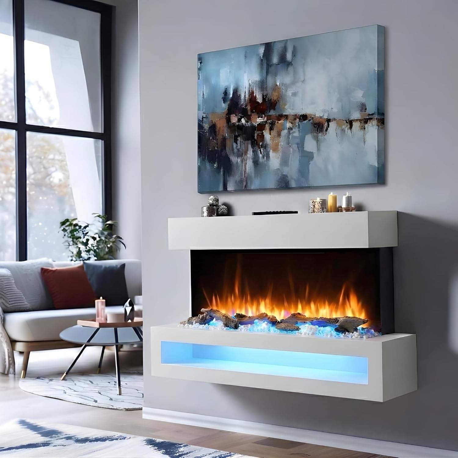 Endeavour Fires Fenwick Wall Mounted Electric Fireplace 110cm/43” 1&2kW, 7 day Programmable Remote Control Fire with an off White Surroud