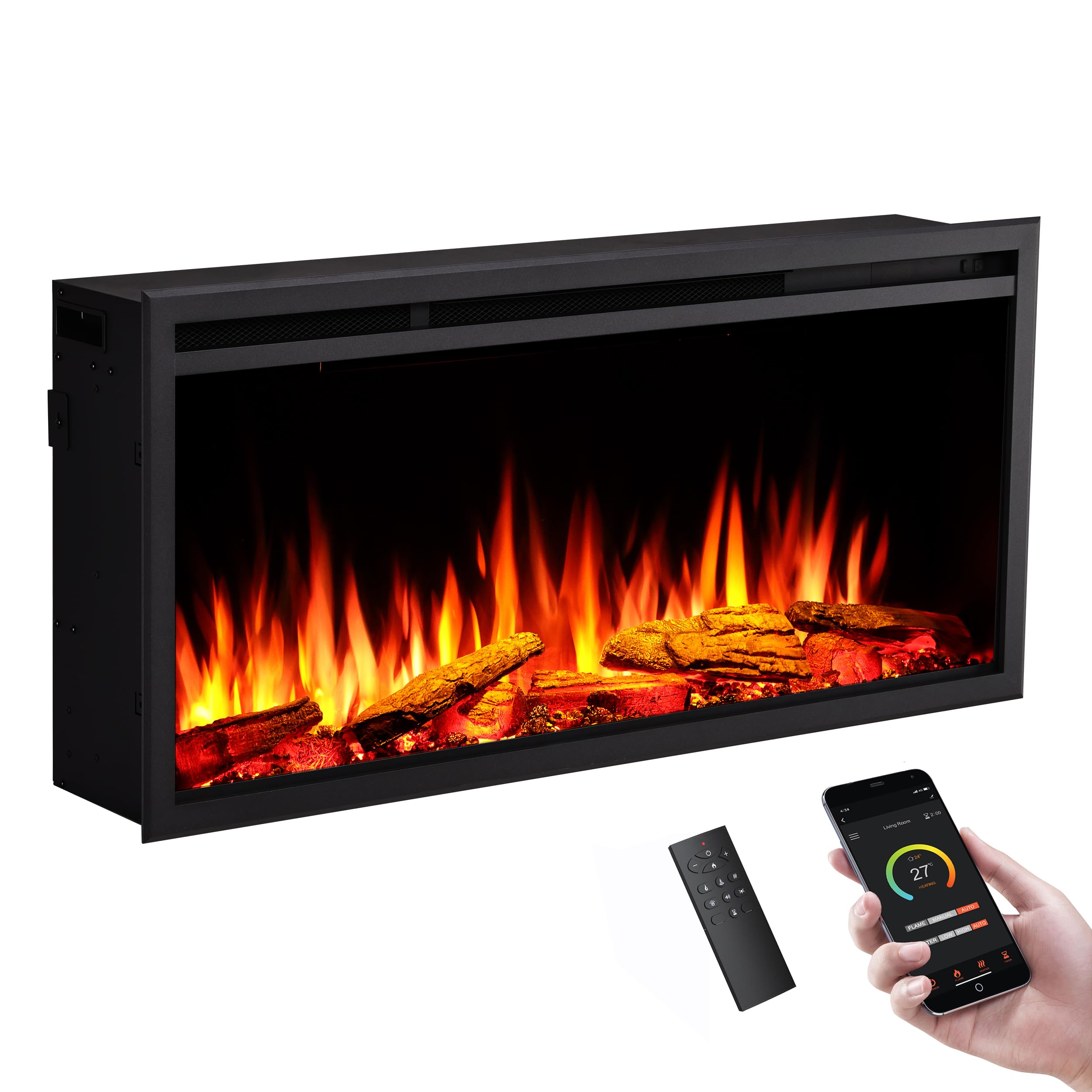 FLAMME 40"/102cm Castello Slim Frame Recessed Media Wall Inset Electric Fireplace with Multi Flame Colours 750W/1500W